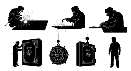 Black Solid Safe Vault Security Welder Silhouettes Set of Six on White Background isolated on plain white background.のイラスト素材