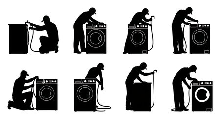 Black Solid Plumber Washing Machine Hookup Silhouettes Set of Six on White Background isolated on plain white background.のイラスト素材
