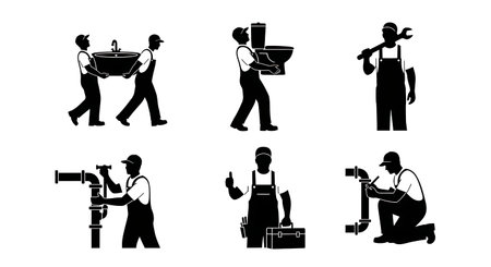 Black Solid Plumber Carrying Sink Basin Silhouettes Set of Six on White Background isolated on plain white background.のイラスト素材
