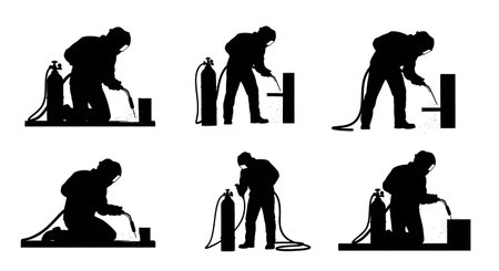 Black Solid Oxy-Fuel Cutting Torch Welder Silhouettes Set of Six on White Background isolated on plain white background.のイラスト素材