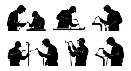 Black Solid Plumber Soldering Copper Pipes Silhouettes Set of Six on White Background isolated on plain white background.のイラスト素材