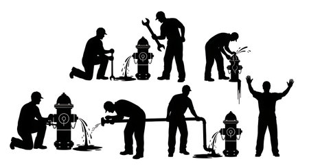 Black Solid Plumber Fire Hydrant Fix Silhouettes Set of Six on White Background isolated on plain white background.のイラスト素材