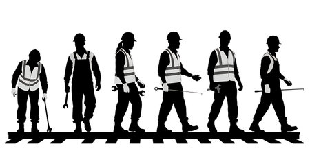 Black Solid Railway Engineer Silhouettes Set of Six on White Background isolated on plain white background.のイラスト素材