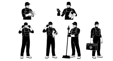Black Solid Plumber Mask Safety Hygiene Silhouettes Set of Six on White Background isolated on plain white background.のイラスト素材