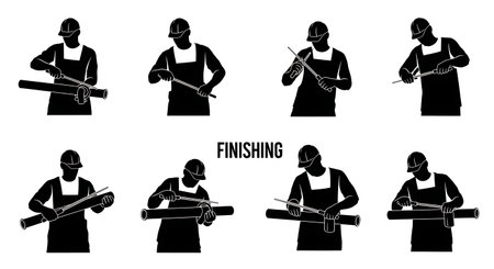 Black Solid Plumber Filing Metal Pipes Silhouettes Set of Six on White Background isolated on plain white background.のイラスト素材