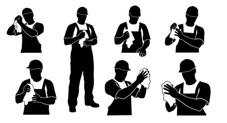 Black Solid Plumber Wiping Hands Rag Silhouettes Set of Six on White Background isolated on plain white background.のイラスト素材