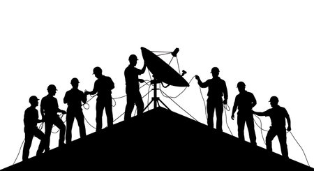 Black Solid Satellite Dish Install Silhouettes Set of Six on White Background isolated on plain white background.のイラスト素材