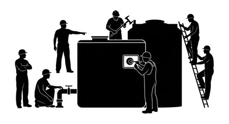 Black Solid Plumber Inspecting Water Tank Silhouettes Set of Six on White Background isolated on plain white background.のイラスト素材