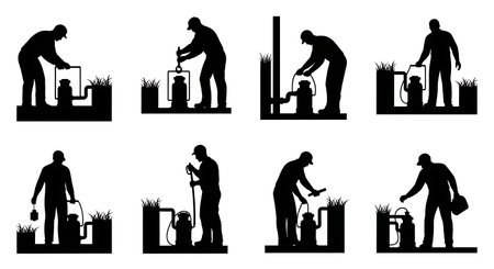 Black Solid Plumber Sump Pump Install Silhouettes Set of Six on White Background isolated on plain white background.のイラスト素材