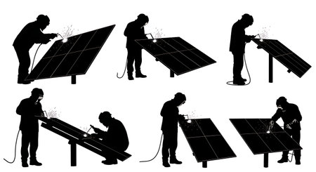 Black Solid Solar Panel Frame Welder Silhouettes Set of Six on White Background isolated on plain white background.のイラスト素材
