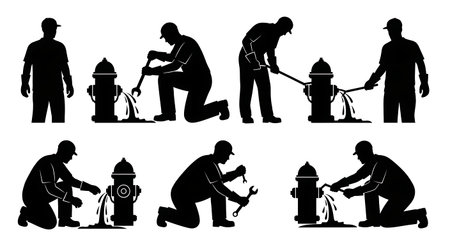 Black Solid Plumber Fire Hydrant Fix Silhouettes Set of Six on White Background isolated on plain white background.のイラスト素材