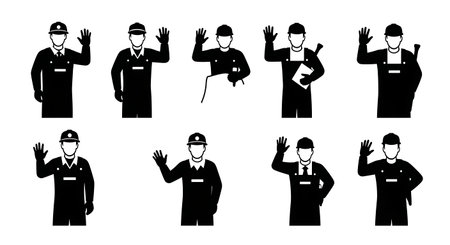 Black Solid Plumber Waving Hello Greeting Silhouettes Set of Six on White Background isolated on plain white background.のイラスト素材