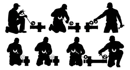 Black Solid Plumber Teflon Tape Sealing Silhouettes Set of Six on White Background isolated on plain white background.のイラスト素材
