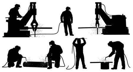 Black Solid Scrap Metal Cutting Welder Silhouettes Set of Six on White Background isolated on plain white background.のイラスト素材
