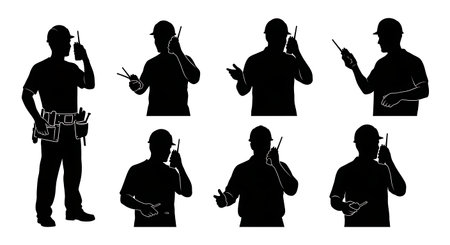 Black Solid Plumber Walkie Talkie Talk Silhouettes Set of Six on White Background isolated on plain white background.のイラスト素材