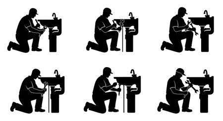 Black Solid Plumber Sink Trap Wrench Silhouettes Set of Six on White Background isolated on plain white background.のイラスト素材