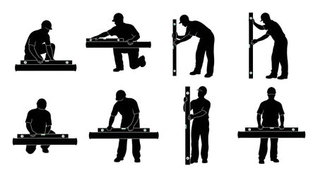 Black Solid Plumber Spirit Level Pipe Silhouettes Set of Six on White Background isolated on plain...