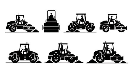 Black Solid Pneumatic Tire Roller Silhouettes Set of Six on White Background isolated on plain white background.のイラスト素材