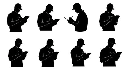 Black Solid Plumber Writing Clipboard Silhouettes Set of Six on White Background isolated on plain white background.のイラスト素材