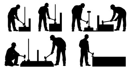 Black Solid Concrete Test Engineer Silhouettes Set of Six on White Background isolated on plain white background.のイラスト素材