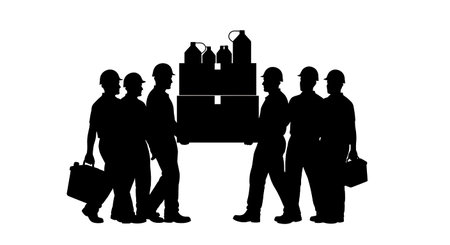 Black Solid Carrying Supply Box Silhouettes Set of Six on White Background isolated on plain white background.のイラスト素材