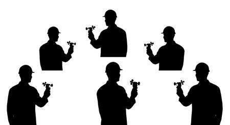 Black Solid Engineer Anemometer Silhouettes Set of Six on White Background isolated on plain white background.のイラスト素材
