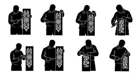 Black Solid Carpenter Wood Carving Silhouettes Set of Six on White Background isolated on plain white background.のイラスト素材