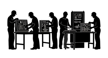 Black Solid Control Panel Assembly Silhouettes Set of Six on White Background isolated on plain white background.のイラスト素材