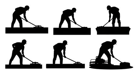 Black Solid Concrete Finisher Manual Silhouettes Set of Six on White Background isolated on plain white background.のイラスト素材