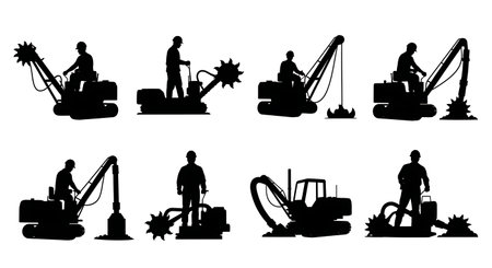 Black Solid Dredge Operator Marine Silhouettes Set of Six on White Background isolated on plain white background.のイラスト素材