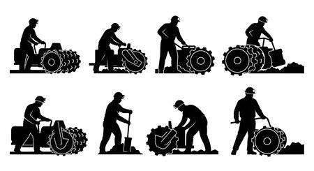 Black Solid Continuous Miner Coal Silhouettes Set of Six on White Background isolated on plain white background.のイラスト素材