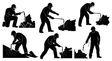 Black Solid Demolition Crew Torch Silhouettes Set of Six on White Background isolated on plain white background.のイラスト素材