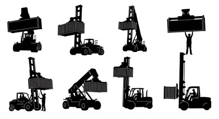 Black Solid Container Handler Lift Silhouettes Set of Six on White Background isolated on plain white background.のイラスト素材