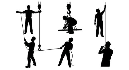 Black Solid Crane Rigger Hook Silhouettes Set of Six on White Background isolated on plain white background.のイラスト素材