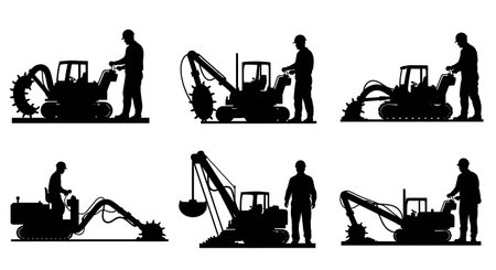 Black Solid Dredge Operator Marine Silhouettes Set of Six on White Background isolated on plain white background.のイラスト素材