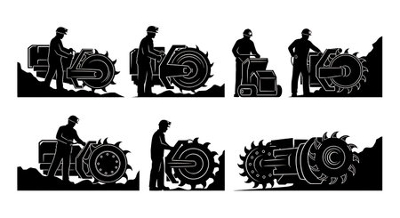 Black Solid Continuous Miner Coal Silhouettes Set of Six on White Background isolated on plain white background.のイラスト素材