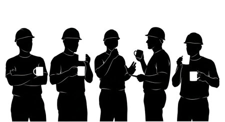 Black Solid Engineer Coffee Silhouettes Set of Six on White Background isolated on plain white background.のイラスト素材