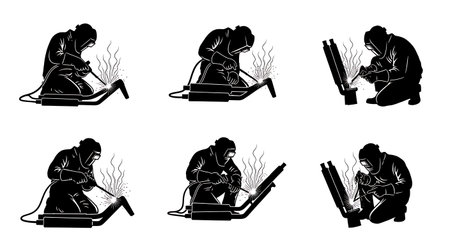 Black Solid Custom Motorcycle Exhaust Welder Silhouettes Set of Six on White Background isolated on plain white background.のイラスト素材