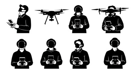 Black Solid Drone Surveyor Pilot Silhouettes Set of Six on White Background isolated on plain white background.のイラスト素材