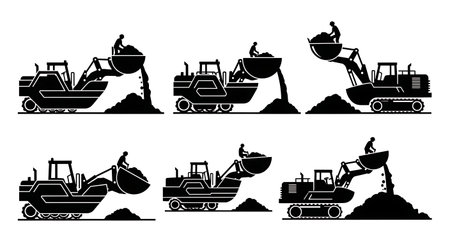 Black Solid Earth Scraper Hauling Silhouettes Set of Six on White Background isolated on plain white background.のイラスト素材