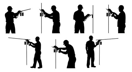 Black Solid Drywall Cutting Electrician Silhouettes Set of Six on White Background isolated on plain white background.のイラスト素材