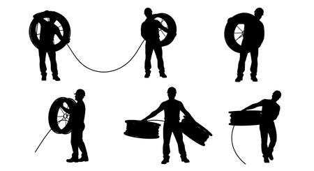Black Solid Engineer Cable Spool Silhouettes Set of Six on White Background isolated on plain white background.のイラスト素材