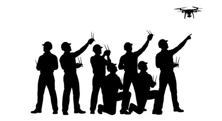 Black Solid Engineer Drone Pilot Silhouettes Set of Six on White Background isolated on plain white...