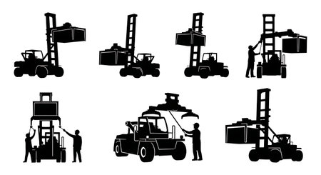 Black Solid Container Handler Lift Silhouettes Set of Six on White Background isolated on plain white background.のイラスト素材