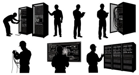 Black Solid Data Center Engineer Silhouettes Set of Six on White Background isolated on plain white background.のイラスト素材