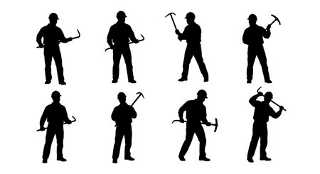 Black Solid Demolition Worker Crowbar Silhouettes Set of Six on White Background isolated on plain white background.のイラスト素材