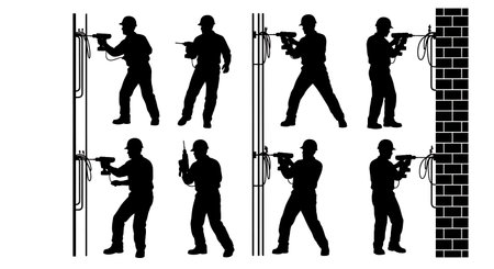 Black Solid Drilling Wall Electrician Silhouettes Set of Six on White Background isolated on plain white background.のイラスト素材