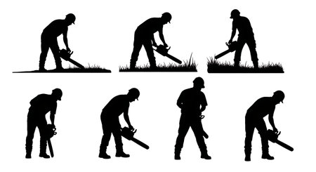 Black Solid Engineer Site Clearing Silhouettes Set of Six on White Background isolated on plain white background.のイラスト素材