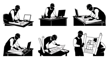 Black Solid Engineer Desk Review Silhouettes Set of Six on White Background isolated on plain white background.のイラスト素材