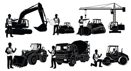 Black Solid Engineer Guiding Machinery Silhouettes Set of Six on White Background isolated on plain white background.のイラスト素材